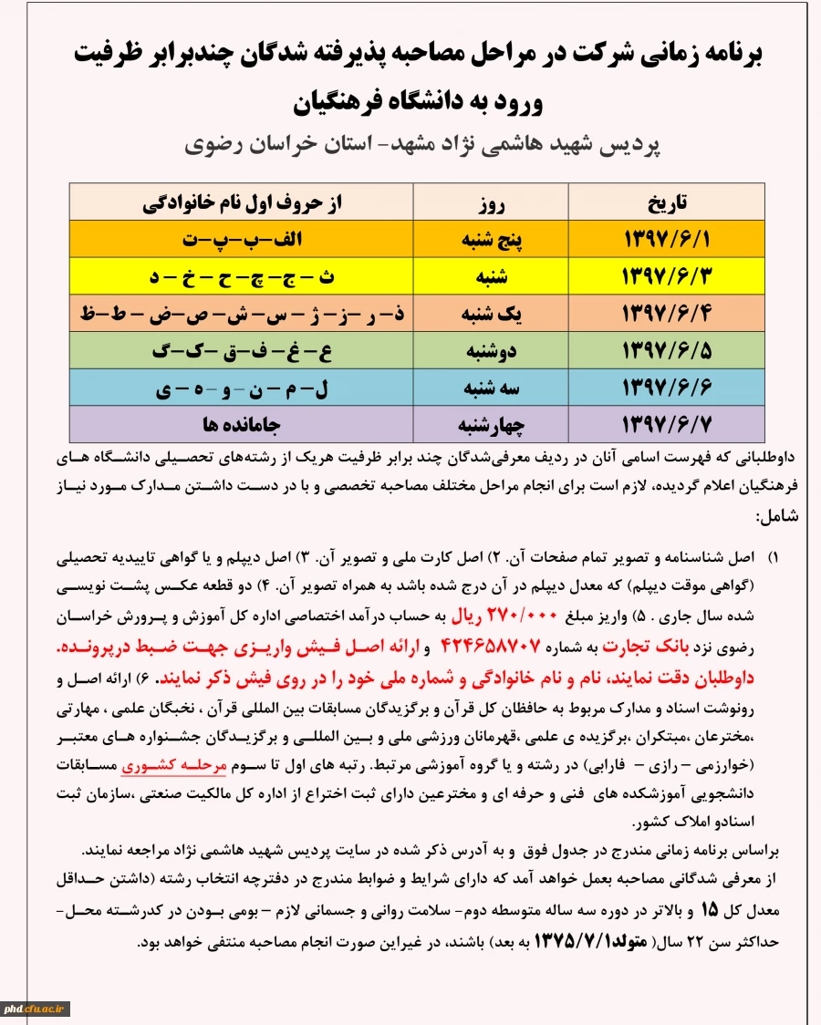 برنامه زمانی شرکت در مراحل مصاحبه پذیرفته شدگان چندبرابر ظرفیت ورود به دانشگاه فرهنگیان
