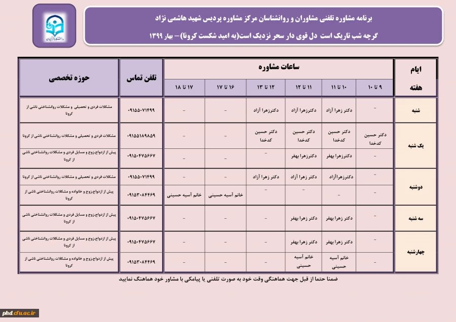برنامه پاسخگویی مشاوران وروانشناسان مرکز مشاوره پردیس شهید هاشمی نژاد