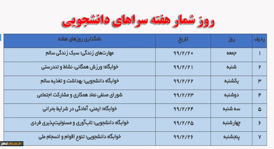 روز شمار هفته سراهای دانشجویی