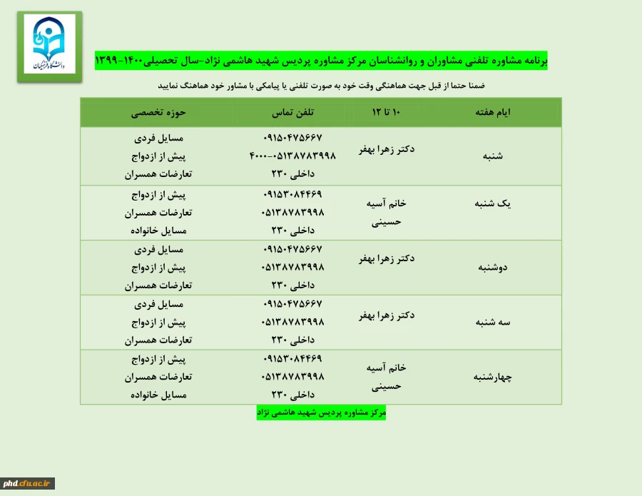 برنامه مشاوره تلفنی مشاوران و روانشناسان مرکز مشاوره پردیس شهید هاشمی نژاد-سال تحصیلی1400-1399