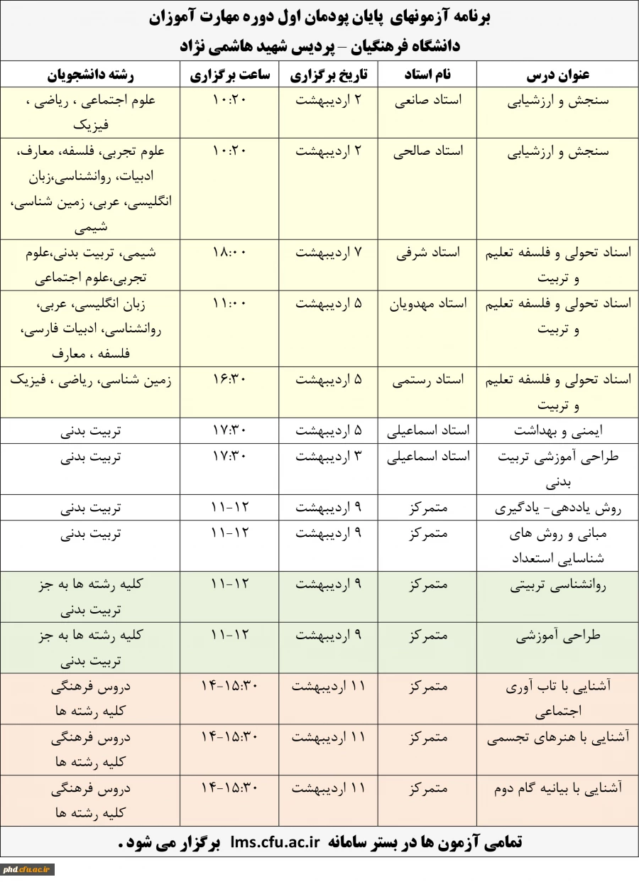 برنامه آزمونهای پایان پودمان اول دوره مهارت آموزان
دانشگاه فرهنگیان – پردیس شهید هاشمی نژاد
