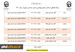 برنامه هفتگی استادان مشاورپژوهشی استان خراسان رضوی در سال 1400 اعلام شد. 3