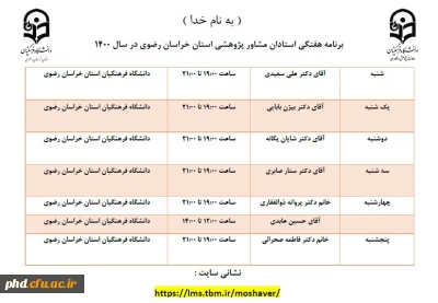 برنامه هفتگی استادان مشاورپژوهشی استان خراسان رضوی در سال 1400 اعلام شد.