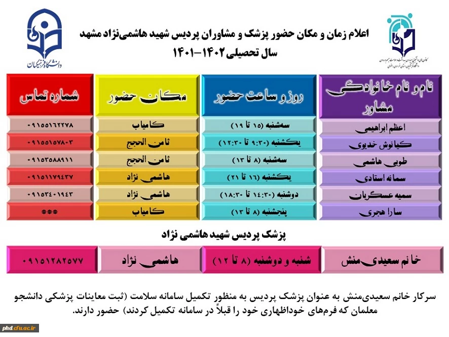 اطلاعیه  حضور پزشک و مشاوران پردیس شهیدهاشمی نژاد در سال تحصیلی 1402-1401  2