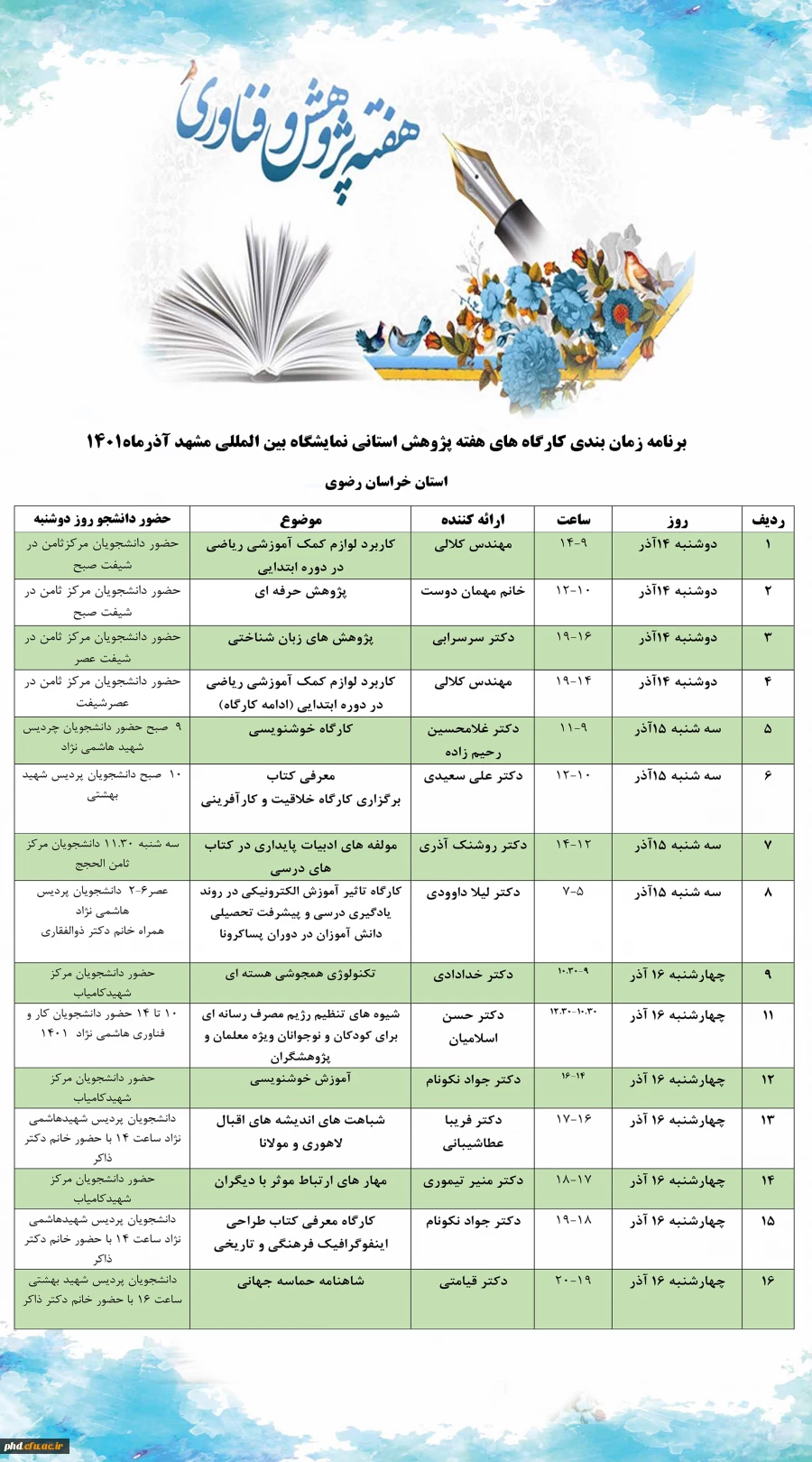 برنامه زمان بندی کارگاه های هفته پژوهش استانی نمایشگاه بین المللی مشهد آذرماه1401