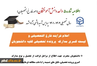 اطلاعیه مهم واحد دانش آموختگان شماره 5

فرایند فارغ التحصیلی واعلام لیست کسری مدارک
