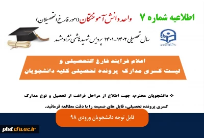 اطلاعیه مهم واحد دانش آموختگان شماره 7

فرایند فارغ التحصیلی واعلام لیست کسری مدارک