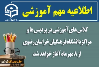 اطلاعیه مهم آموزشی

کلاس های آموزشی در پردیس ها و مراکز دانشگاه فرهنگیان خراسان رضوی از ۸ مهرماه آغاز خواهد شد 