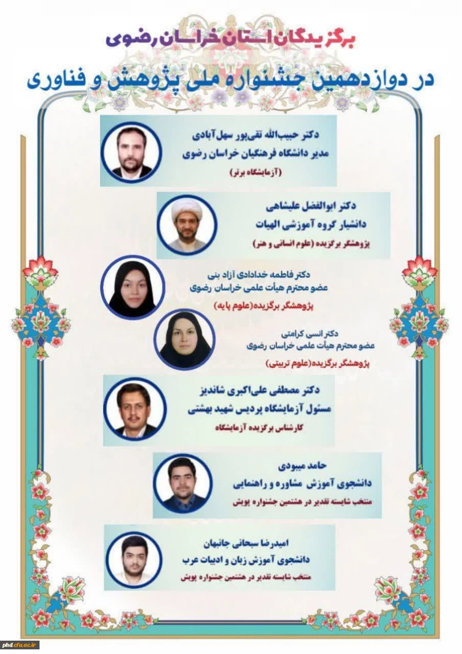 کسب چندین رتبه نخست کشوری در حوزه های مختلف پژوهشی ، توسط پژوهشگران محترم  استان خراسان رضوی